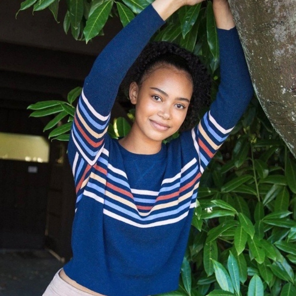 Altar'd State Navy Blue Thermal Knit Striped Crewneck Sweater | M